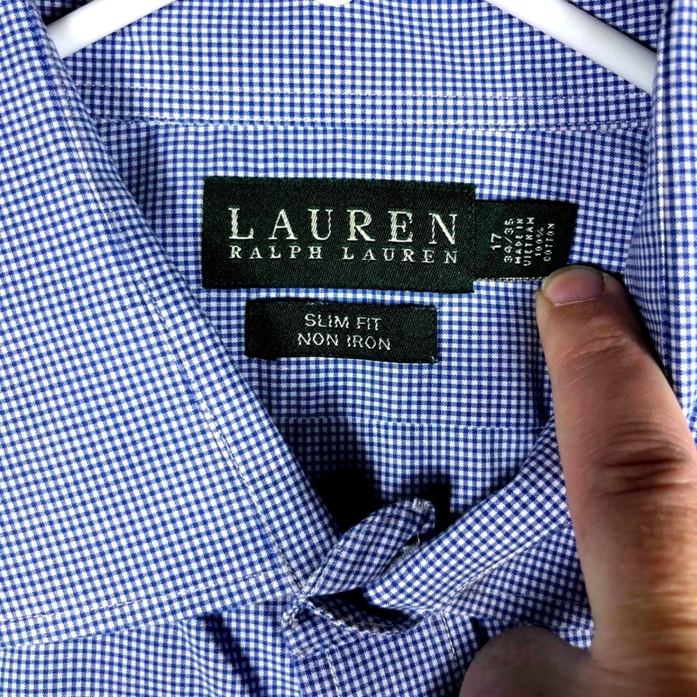 Ralph Lauren Mens Blue Gingham Slim Fit Non Iron Dress Shirt 17 34 35 - Picture 5 of 7